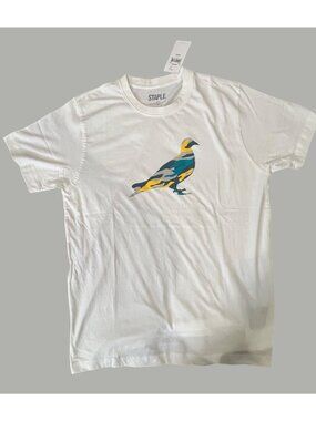Staple White Cotton T-Shirt With Colorful Bird Print - Size L